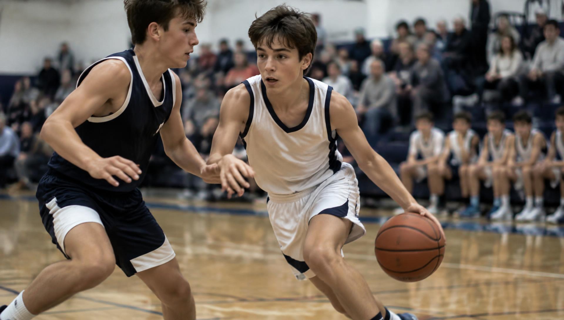 Young basketball player driving toward the basket