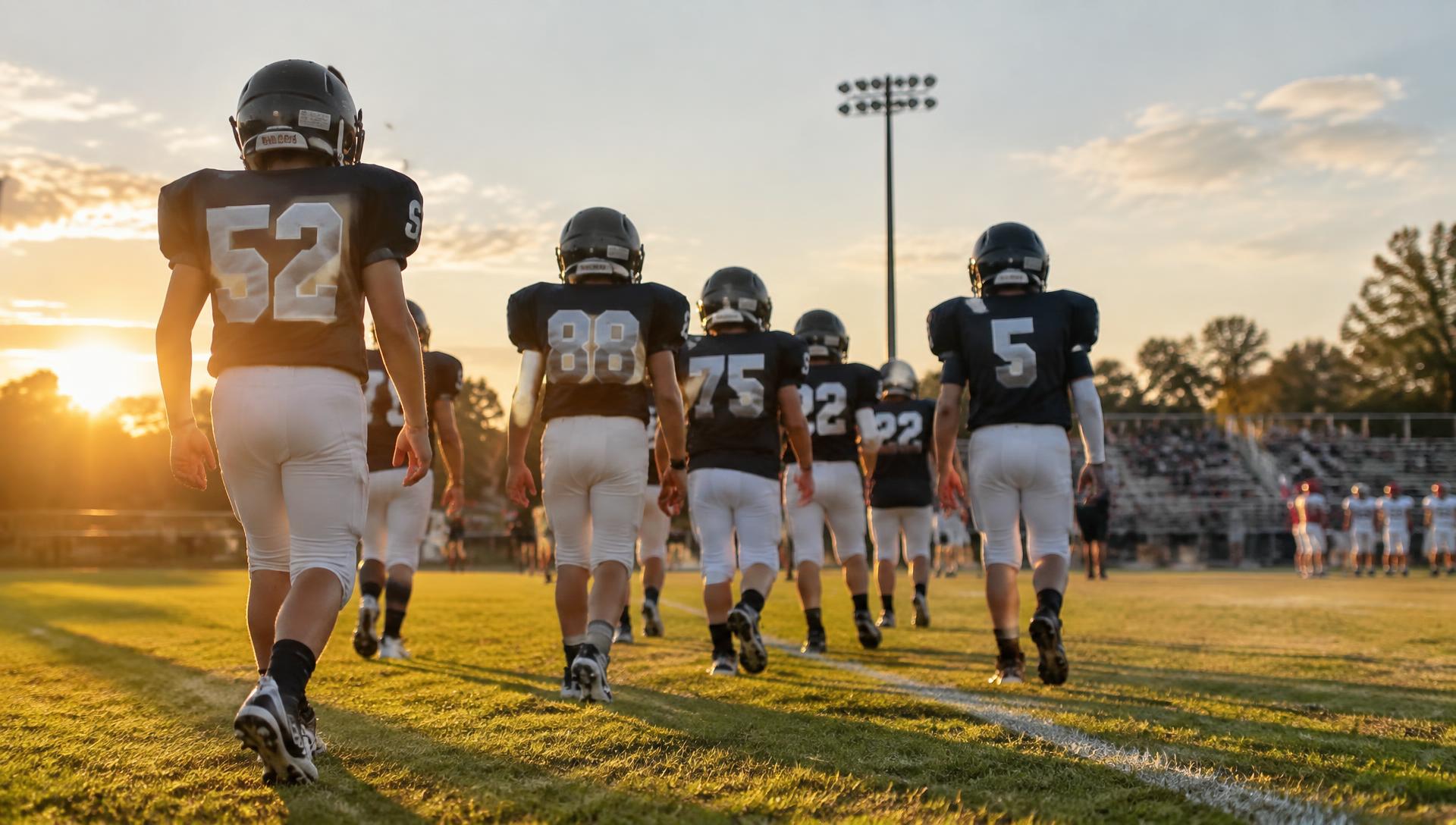 Youth football team walking onto the field at sunset